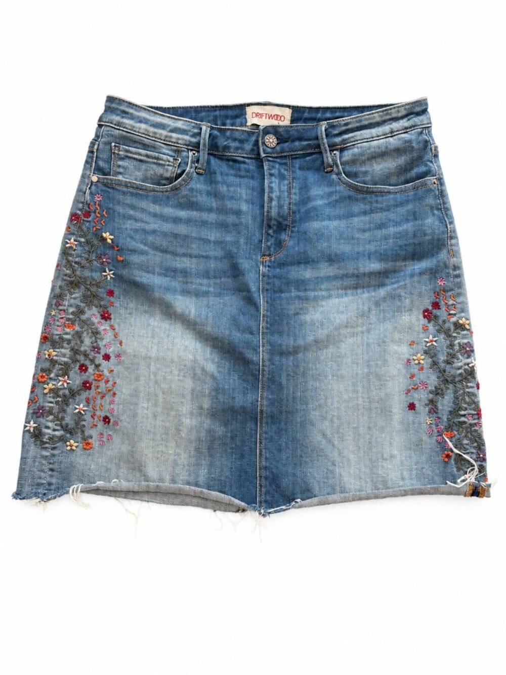 DRIFTWOOD Saydi Denim A-Line Skirt Floral Embroidery faded blue size 31 boho